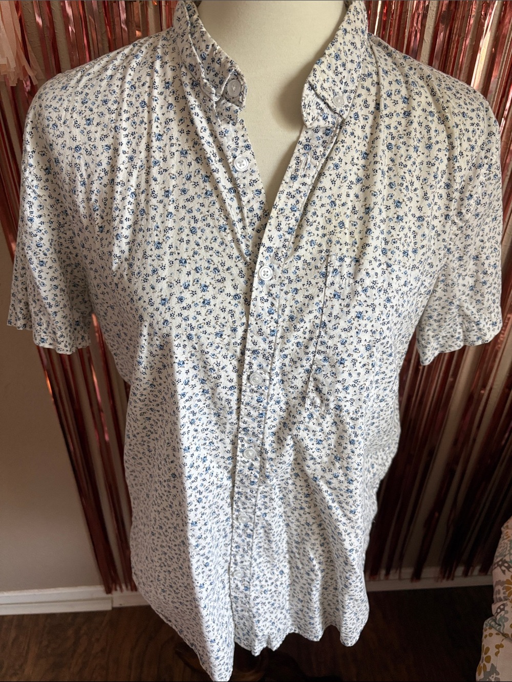 Forever 21 White Short-Sleeve Button-Down with Blue Floral Print